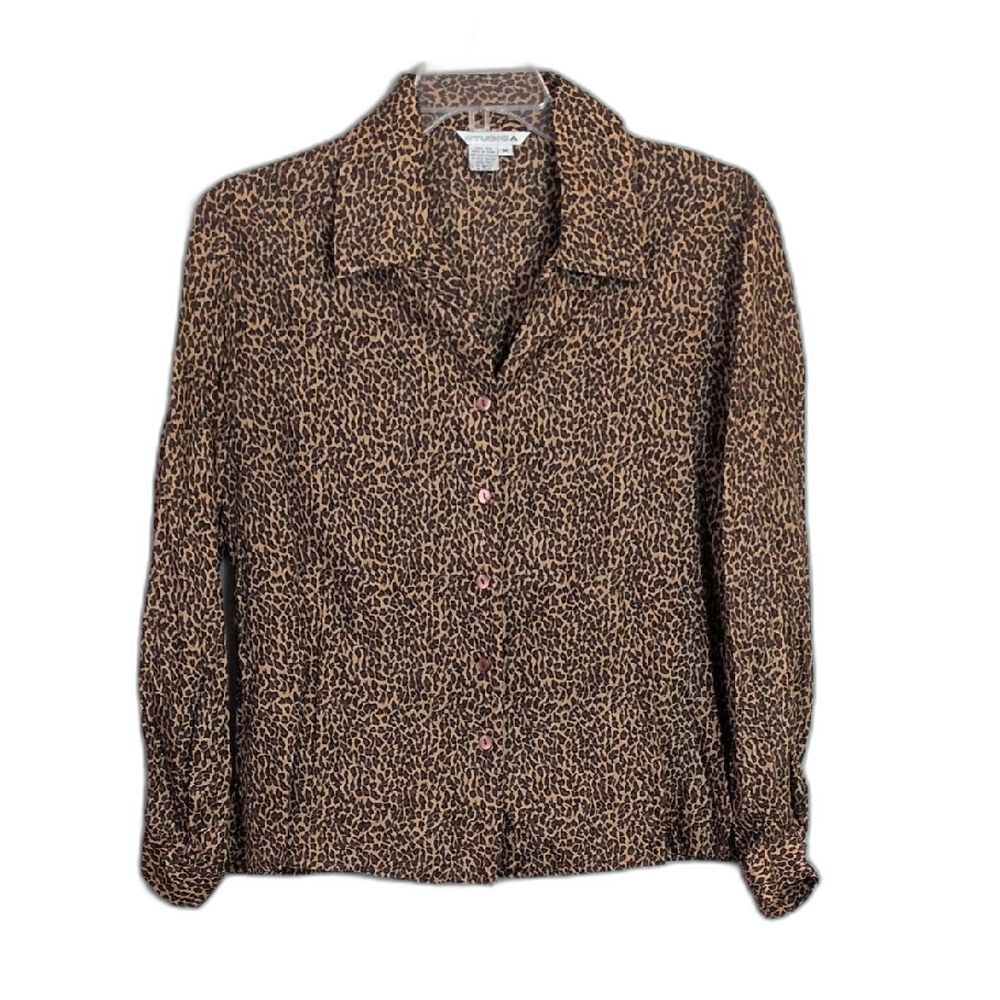 Studio A Silk Brown Animal Print Long Sleeve Button Up Shirt Women's M
